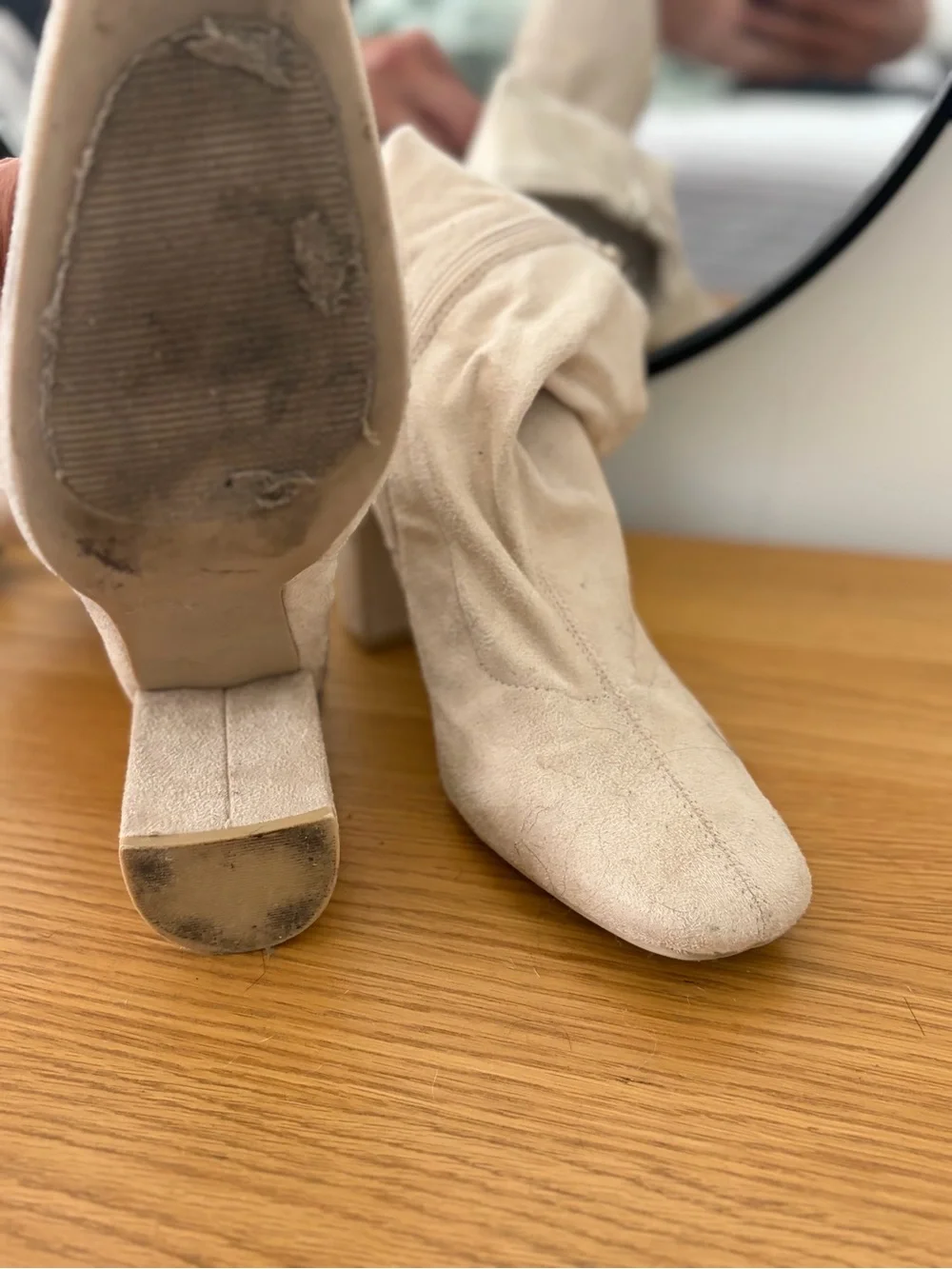 Beige Suede Slouchy Block Heel Boots